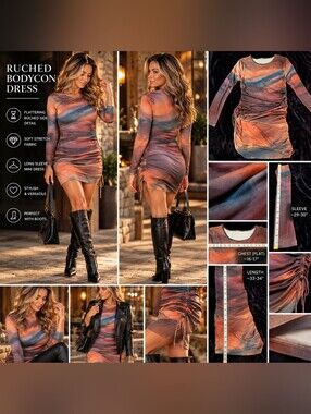 Long Sleeve Ruched Bodycon Dress in Sunset Print Size L
